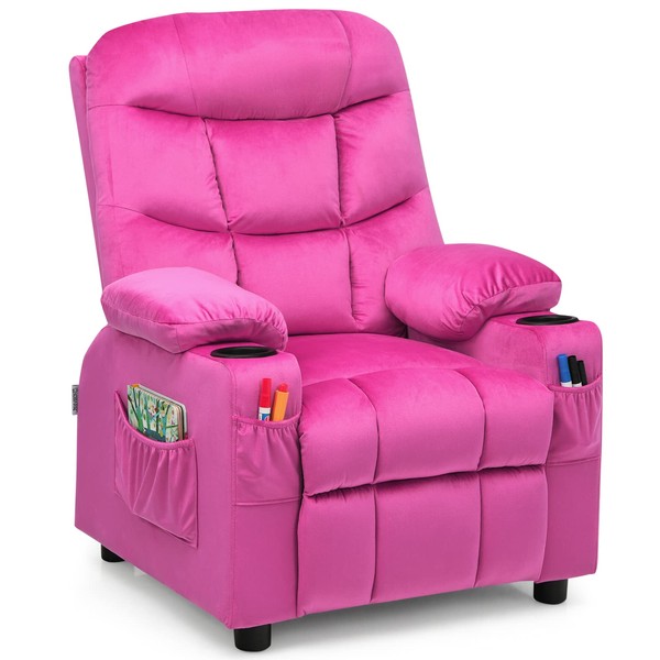 COSTWAY Larger Kids Recliner Chair, Adjustable Lounge Recliner w/ 2 Cup Holders, 1 Side Pocket, 2 Front Pockets, Footrest, Velvet Fabric Recliner for Boys & Girls, Ideal for Bedroom (Pink)