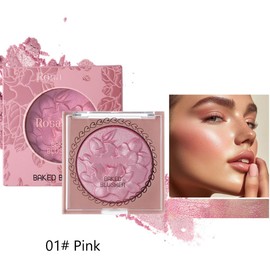 KARLOR Baked Blusher Highlighter Pressed Blush with 3D Pearlescent, Face Blush Glitter Shimmering Floral Relief Structure Pink Blush Highlight Powder Palette (Blush 01#)