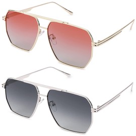 Hycredi Oversized Polarized Sunglasses for Women Men Retro Square Trendy Sun Glasses Classic Large Metal Shades UV400 (Gold/Top Pink Bottom Grey+Silver/Gradient Grey)