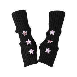 HugeDE 1 Pair Cute Star Arm Warmers Winter Fingerless Warm Arm Sleeves Elbow Length Mittens Long Thumb Hole Gloves Knitted Wrist Warmers for Women Girls Black