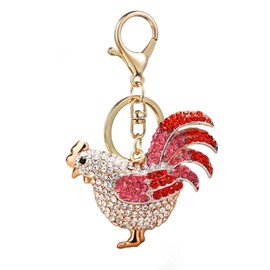 Axmerdal Chicken Cock Rooster Crystal Rhinestone Keyring Car Handbag Pendant Charm Pompom Key Chain Gift (red)