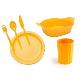 Harfield Camping Tableware Scout Picnic Outdoor Dining Set - Plate, Bowl, Cup & Cutlery - Reusable Virtually Unbreakable Polycarbonate Plastic (Yellow)