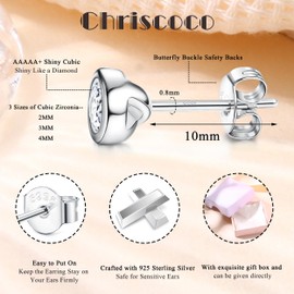 Chriscoco Earrings Silver Women's Men's Stud Earrings 925 Silver Hypoallergenic Earrings 925 Silver Stud Cubic Zirconia Small Earrings Set - with Jewellery Box, Sterling Silver, No Gemstone