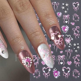 4Sheet Valentine's Day Nail Art Stickers Pink Red Glitter Love Heart Nail Stickers 3D Self-Adhesive Silver Grid Line Nail Decals 5D Embossed Bow Pink Gradient Heart Star Nail Decor for Manicure DIY