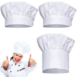 ZOCONE 3 PCS White Chef Hat-1 PCS Chef's High Hat+2 PCS Round-top Chef Hat, Poly Cotton Chefs Hat, Unisex Adult Chef's Hat with Adjustable Elastic Kitchen Cooking Hat for Men, Women, Kids