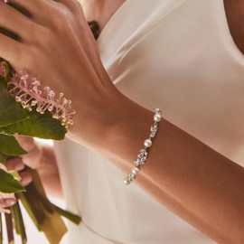 EVER FAITH Gorgeous Cubic Zirconia Wedding Link Bracelet for Bride Bridesmaids, White Gold Plated Faux Pearl Marquise Teardrop Crystal Floral Bridal Jewelry for Women Prom