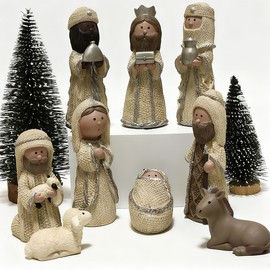 Juego de punto de Natividad para interiores, 9 cifras de la sagrada familia, bebé Jesús con pesebre, cifras religiosas de Natividad Cable de Navidad Belén para accesorios de mesa, decoración del hogar