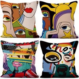 Aoihrraan Cushion Covers Set of 4, Funny Graffiti Throw Pillow Covers Multicolored Woman Face Eyes Soft Short Plush Square Pillowcase for Sofa Couch Bedroom Car Chair Home Decor 22"x22"