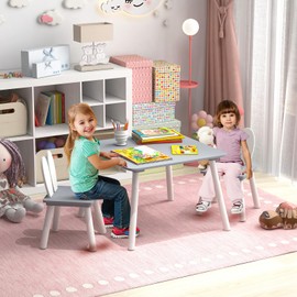 Costzon Kids Table and Chair Set, 3 Pieces Wooden Activity Play Table & 2 Cute Rabbit, Solid Wood Legs, Space-Saving Toddler Furniture for Preschool, Nursery, Children Playroom & Kindergarten (Gray)