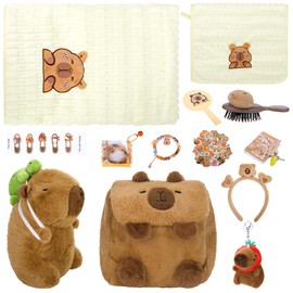 Aodaer 75 Pcs Capybara Plush Toy Set with Stuffed Capybara Plush Toy Keychain Backpack Towels Comb Headband DIY Sticker Bracelets Notebook Hair Clips Mirror Stickers for Birthday Gifts Party Favor