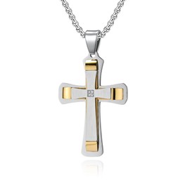 Oskani Men's Cross Necklace Stainless Steel Crucifix Cubic Zirconia Pendant with Chain Yellow Gold Jewelry