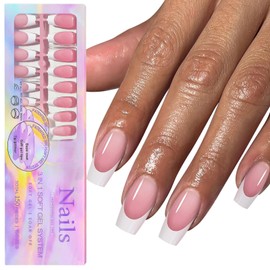 GZMAYUEN French Tip Press On Nails Gel Nail Tips - 15 Sizes 150 Pieces Pink Coffin French Tip Press On Nails Medium Shape, 3 in 1 Pre-French Gel Nail Tips, Full Cover Ballerina Fake Nails for Art