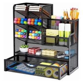 Marbrasse Mesh Desk Organiser,Stationary Organiser,MultiFunctional Pen Holder,Desktop Storage and Drawer for Home Office(Black)