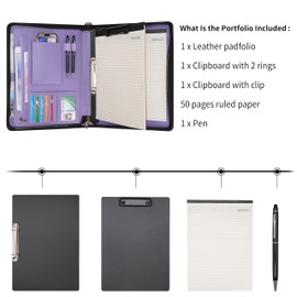 Wason A4 Portfolio with Zipper - Leather PU Padfolio with Detachable Ring Binder and Writing Notepad Holder, Conference File Multi-Pockets Organizer for Office Travel School (Purple)