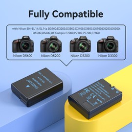 ENEGON EN-EL14 Battery 2-Pack 1500mAh and LED Display USB-C Dual Charger Compatible with Nikon D3100 D3200 D3300 D3400 D3500 D5100 D5200 D5300 D5500 D5600
