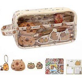 TJHypenete Capybara Pencil Case, Clear Aesthetic Pen Pouch with Handle, Large Capacity Zipper Box with Stickers