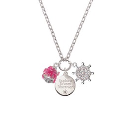 Delight Jewelry Hot Pink Hibiscus Flowers Spinner Explore Dream Discover Zoey Charm Necklace, 28"