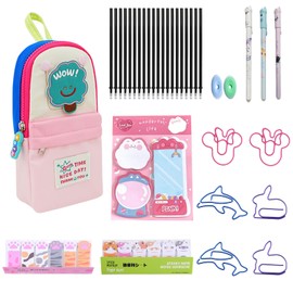Raheem 35Pcs Cute Pencil Case Beautiful Stationery Set with Pink Tree Pencil Pouch, 3 Gel Ink Rollerball Pens (0.5mm) with 20 Refills, 2 Erasers, 240 Notes Pages, 6 Paper Clips,1 Sticky Note (Pink)