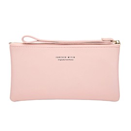 Aslana Women Faux Leather Long Wallet Wristlet Handbag with Touch Screen Clear Phone Window (Light Pink)