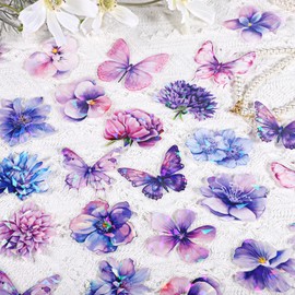 60 Pieces Glitter Shiny Flower Stickers, Waterproof Clear Botanical Floral Journaling Sticker Transparent Flower Stickers for Journaling Scrapbooking Album Decor(Purple)