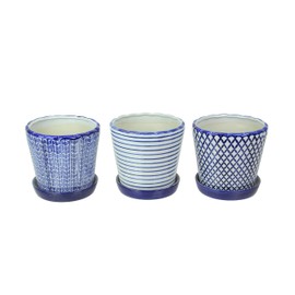 Napco Imports Set of 3 Classic Country Blue and White Planter Pots with Saucers 7 Inches High, Multicolored, One Size