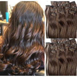 Hair Faux You 18" Clip in Hair Extensions Real Human Hair 80g Clip on for Full Head 7 pieces, 14 clips, Silky Straight Weft Remy Hair Color #4 Dark Brown