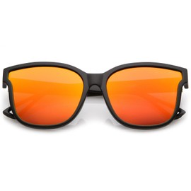 zeroUV - Women's Horn Rim Metal Accent Mirrored Square Flat Lens Cat Eye Sunglasses 55mm (Matte Black/Red Mirror)