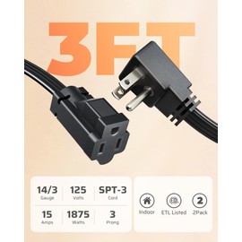 DEWENWILS Heavy Duty 3FT Extension Cord with 3-Prong Flat Plug, 15A/1875W 14/3 SPT-3 Flat Wire, Space Saving for Home Office Appliances & Electronics, ETL Listed, 2 Pack for Christmas, Black
