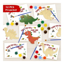 12-Pack Pre-Packaged Dinosaur Party Favors for Kids, Wooden Dinosaur Cutouts with Magnets & Painting Kits, Thank You Gifts for Guests, Dino Theme Birthday Party Decorations