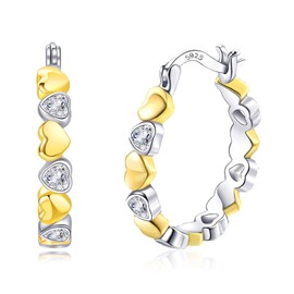 DOA 925 Silver Earrings for Women, Cubic Zirconia Sterling Silver Earrings, Hypoallergenic Heart Hoop Earring, Dainty Silver Hoop Earrings for Women Girls 20mm （Yellow Gold Plated）