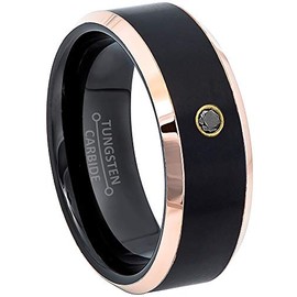 Jewelry Avalanche 8MM Brushed 2-Tone Rose Gold Beveled Edge Tungsten Carbide Wedding Band - 0.07ct Black Diamond Tungsten Ring -9