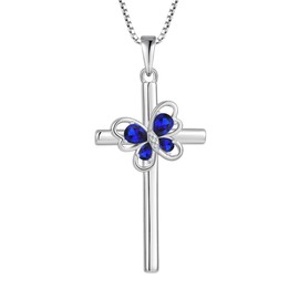 FJ Cross Pendant Necklace 925 Sterling Silver Butterfly Necklace Sapphire September Birthstone Jewelry Gifts for Women