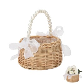 Wedding Flower Basket, Flower Baskets with Pearl Henkle, Scatter Basket, Flower Girl, Wicker Basket for Flowers, Braided Flower Basket, Braided Basket for Wedding Table Decoration (16.5 x 20 cm)