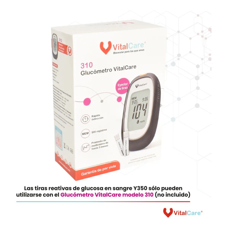 50 Tiras Reactivas Para Medidor De Glucosa Vitalcare 310 Color