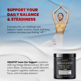 VEGATOT Vertigo Supplement *USA Made and Tested* Inner Ear Supplement with Ginkgo Biloba Lion's Mane Lemon Balm Ginger VIT B1, B6, B12- for Dizziness Spinning Inner Ear Balance