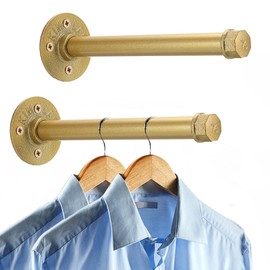 Sumnacon 2 Pcs 10 Inch Industrial Pipe Clothes Bar - Heavy Duty Rustic Metal Coat Hanger with Screws,Wall-Mounted Garment Holder Rack for Bedroom Bathroom Wardrobe Boutique Clothing Store,Gold
