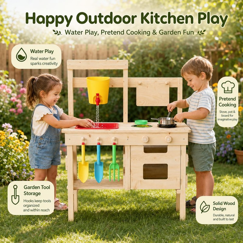 Wooden Outdoor Mud Kitchen for Kids, Waterproof Solid Wood Play