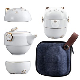 Portable Ceramic Tea Cup Set: Lucky Cat Porcelain Teapot Set with Tea Strainer - Lids and 1 Shockproof Storage Case - Suitable for Travel - Outdoor Picnic - Office Work - Home - White