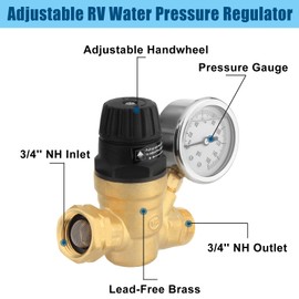 Twilight Garage Handle Adjustable RV Water Pressure Regulator for RV Camper, Brass Lead-Free RV Water Pressure Regulator Valve with Gauge and Filters for RV Camper, Travel Trailer