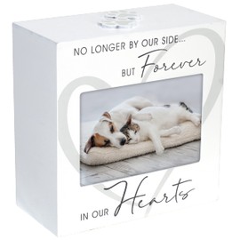 Malden International Designs 3.5x5 Forever In Our Hearts Memorial Pet Urn Four sided Screenprinted White Wood Urn Paw Print Attachment Removable Bottom Panel