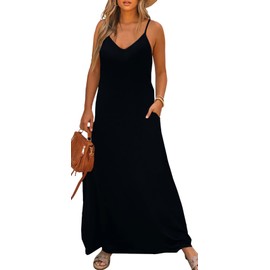 Bluetime Womens Sleeveless V Neck Spaghetti Strap Pockets Beach Boho Tropical Summer Maxi Dress(Z-Black,M)