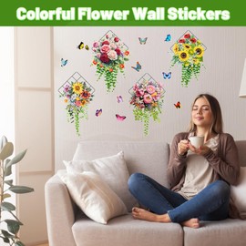 Flower Wall Stickers 4Pcs, Realistic Colorful Flower Stickers Waterproof Floral Wall Decals for Bedroom Living Room Kitchen Office Decor