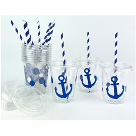 Blue Anchor Cups, Nautical Party Supplies, Plastic Disposable Cups, Slot Lids, Paper Straws, Set of 12