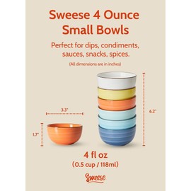 Sweese 4 Oz Porcelain Bowls Set - 6 Mini Dip Bowls, Multicolor, Dishwasher, Microwave Safe