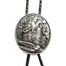 Bolo Tie Howling Wolf with Feathers, real silver plated, Bolotie