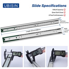 Ubisin 20 Inch Soft Close Drawer Slides Full Extension Ball Bearing Dresser Cabinet Rails 1 Pair Side Mount Heavy Duty Tool Box Trash Can Kitchen Drawer Glides 100LB Capacity