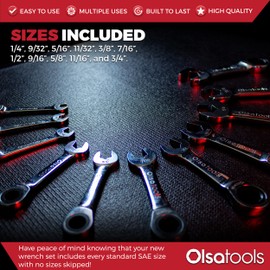 Olsa Tools 11pc SAE Ratchet Wrench Set, 120 Tooth, Stubby Size, Chrome Vanadium Steel
