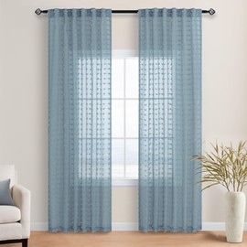 90 Inches Long 2 Panel Set for Living Room Pom Pom Pattern Farmhouse Boho Semi Sheer Rustic Country Window Drape Back Tab Home Fashion Light Blue Textured Curtain for Kids Bedroom 52x90 Pale Blue Grey