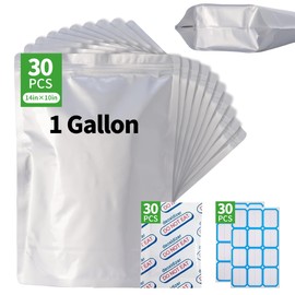 "30 PCS 1 Gallon Mylar Bags with Oxygen Absorbers (500 cc) for Food Storage – Durable Mylar Bags for Long-Term Food Preservation, Ideal for Dry Goods, Grains and storage food, 10"x14" Thick 9.5 Mil"