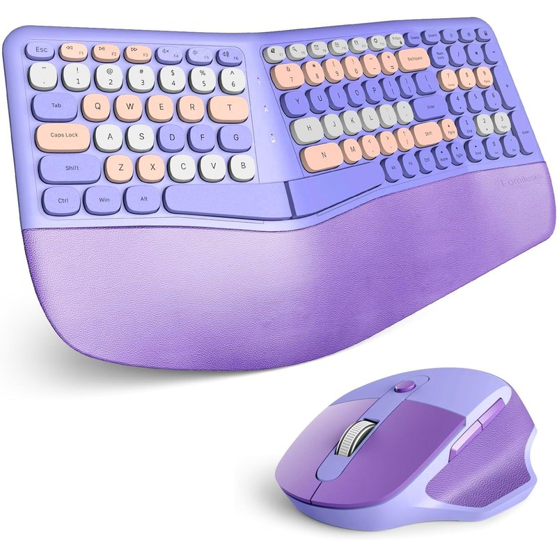 Wireless Ergonomic Keyboard and Mouse Combo with PU Wrist Rest,